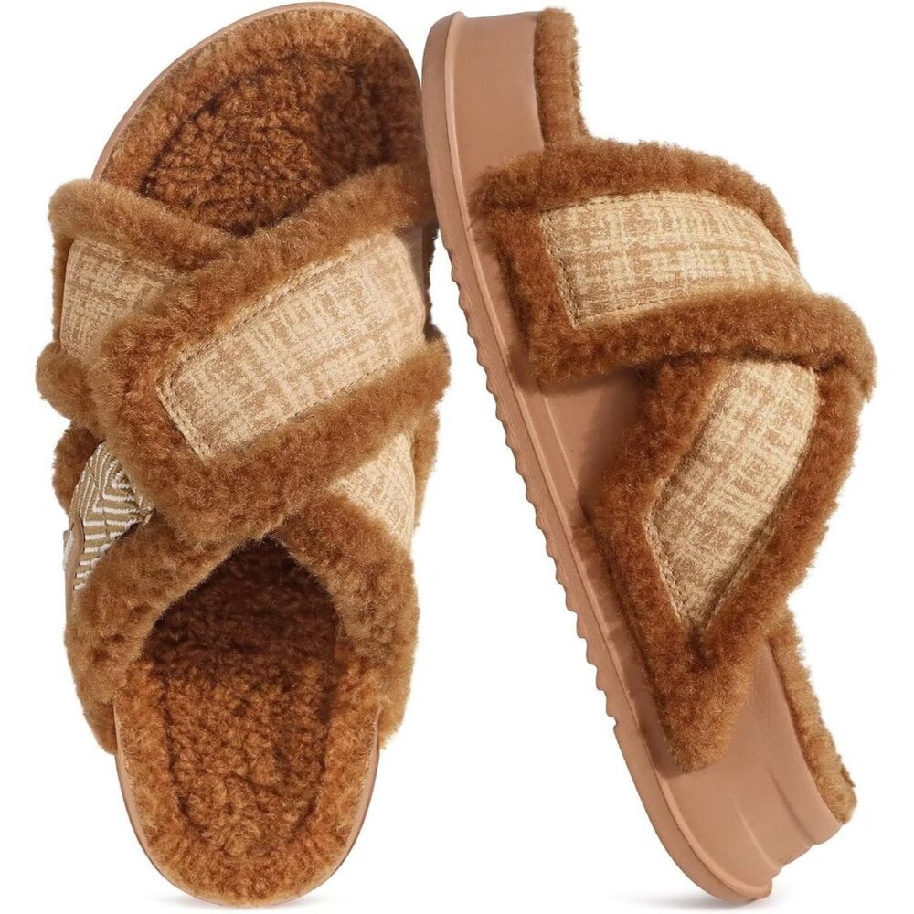 Women's Brown Fuzzy Furry Faux Fur Cross Band Arch Open Slippers Slides Shoes